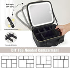 Makeup Bag with Mirror and Light, Travel Makeup Train Case with LED Lighted Removable Mirror, Portable Cosmetic Organizer Make up Bag with 3 Colors Dimming Light, Adjustable Dividers & Brush Board