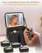 Relavel Extra Large Makeup Bag with LED Mirror, Cosmetic Train Case for Makeup Artists with 4 Removable Pouches and Adjustable Dividers, Hair Supplies Organizer, Travel Portable Mirror with Lights