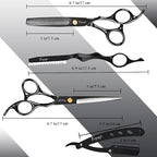 Hair Cutting Scissors Thinning Shears Kit for Haircutting, Fcysy Professional Barber Scissors Set, Black Haircut Scissor Blending Shears Straight Edge Razor Barber Supplies for Men Women