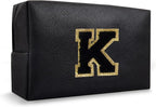 Personalized Small Preppy Makeup Bag, Chenille Letter Black Initial Cosmetic Zipper Pouch Toiletry Organizer, Waterproof PU Leather Make Up Storage Travel Essentials for Female Girl Teacher(Letter K)