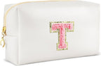 Initial Makeup Bag Personalized Preppy Travel Small Cosmetic Bag Cute PU White Chenille Letter Makeup Pouch for Purse Waterproof Zippered Toiletry Organizer for Women Girls Kids Friends (T)