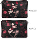 COEQINE Gothic Cosmetic Wallet for Women With Phone Holder Purse Cosmetic Handbag With Soft Leather Cosmetic Case With Zipper for Travel Portable Red Skull Print Cell Phone Purse,Love Gift for Her