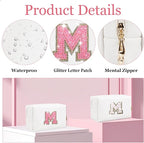Glitter Initial Letter Makeup Bag, Small Personalized Sequins Letters PU Leather Cosmetic Bag Portable Waterproof Makeup Zipper Pouch, Shine Handbag Organizer Travel Bag Gifts for Women&Girls(White-M)