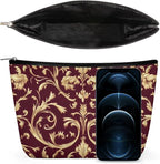 Fashion Zipper Cosmetic Case, Portable Makeup Case, Personality Toiletry Bag, Flower Maroon Gold Floral Classy Burgundy Antique Travel Cosmetic Toiletry Bag