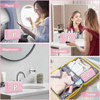 Personalized Initial Preppy Makeup Bag Organizer, Pink Small Travel Cosmetic Bag Monogram Toiletry Zipper Pouch for Women, Portable Waterproof PU Makeup Case for Women Friends Party Gift(Letter P)