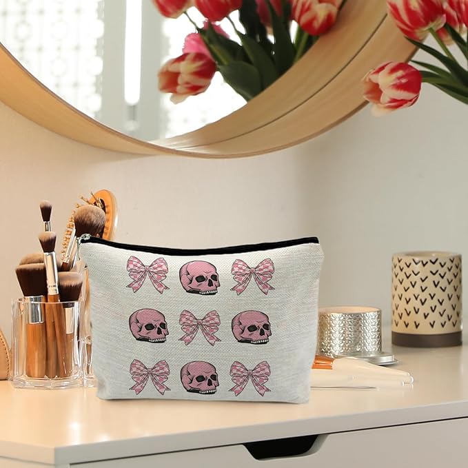 Goth Gothic Makeup Bag With Pink Bow - Skull Cosmetic Bag for Women, Girly, Cute Gothic Accessory for Skull Lovers