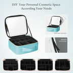 Travel Makeup Bag with LED Lighted Mirror, Cosmetic Makeup Organizer Bag with 3 Color Setting, Makeup Train Case with Adjustable Dividers for Women Makeup Brushes Jewelry Accessories