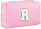 Initial Makeup Bag for Women Travel Small Cosmetic Bag Personalized Preppy Chenille Letter Waterproof Pink Makeup Pouch for Purse Monogram Toiletry Bag with Zipper PU Leather Makeup Case（R）