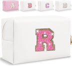 Small Personalized Glitter Initial Letter Makeup Bag, Cute PU Leather Chenille Letters Cosmetic Bag Travel Makeup Pouch, Preppy Travel Organizer Zipper Pouch for Women&Girls（WhiteRosePink-R）