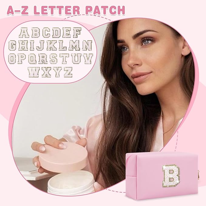 Small Personalized Initial A-Z Patch Makeup Bag,Pink Cute PU Leather Glitter Letter Cosmetic Bag for Teen Girls,Travel Toiletry Bag with Zipper,Preppy Monogrammed Birthday Gift for Daughter Niece B