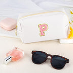 Initial Makeup Bag Personalized Preppy Travel Small Cosmetic Bag Cute PU White Chenille Letter Makeup Pouch for Purse Waterproof Zippered Toiletry Organizer for Women Girl Kid Friends (P)
