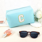 Gifts for Girls Initial Makeup Bag Personalized Cosmetic Bag with Zipper Cute Travel Toiletry Bag Waterproof PU Preppy Makeup Pouch Birthday Gift for Teen Girls Women(Blue C)
