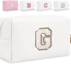 Small Personalized Glitter Initial Letter Makeup Bag, Cute PU Leather Chenille Letters Cosmetic Bag Travel Makeup Pouch, Preppy Travel Organizer Zipper Pouch for Women&Girls（White-G）