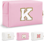 Personalized Small Preppy Makeup Bag, Chenille Letter Pink Initial Cosmetic Pouch Travel Toiletry Organizer, Waterproof PU Leather Make Up Storage Travel Essentials for Women Friendship(Letter K)