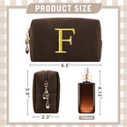 Personalized Initial Makeup Bag,Preppy Suede Cosmetic Bag for Teen Girls,Small Monogram Travel Toiletry Bag With Gold Embroidered Letter,Trendy Stuff Custom Christmas Gift for Women(Coffee-F)