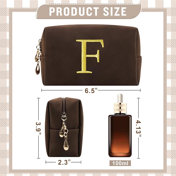 Personalized Initial Makeup Bag,Preppy Suede Cosmetic Bag for Teen Girls,Small Monogram Travel Toiletry Bag With Gold Embroidered Letter,Trendy Stuff Custom Christmas Gift for Women(Coffee-F)