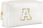 Gifts for Girls Initial Makeup Bag Personalized Cosmetic Bag with Zipper Cute Travel Toiletry Bags Waterproof PU Preppy Makeup Pouch Birthday Gift for Teen Girls Women(White A)