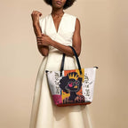 African Black Women's Leather Tote Bag, Large, Premium Vegan Leather, Full Zip, Perfect Christmas Gifts For Women