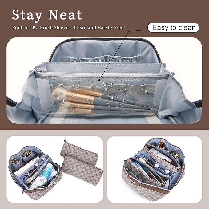 BOYATU Travel Makeup Bag Cosmetic Bags for Women: Large Make up Bags Set of 3 - Portable Makeup Organizer with Compartments&Handle&Divider - Waterproof PU Leather Toiletry Bag(C-1-Light Brown)