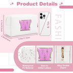 Small Initial Patch Makeup Bag Personalized Gifts Make Up Bag,White Cute PU Leather Glitter Letter Cosmetic Bag with Zipper,Trendy Portable Travel Toiletry Pouch,Preppy Stuff for Teen Girls Women W