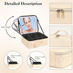 Travel Makeup Bag With LED Mirror,Cosmetic Train Case with 3 Color Setting,Cosmetic Makeup Organizer Bag with Adjustable Dividers,Portable Make up Box with Make up Brushes Holder Storage（Beige）