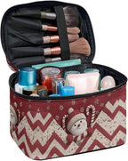 Snowman Chevron Print Travel Makeup Bags for Women Portable Tote Cosmetic Case with Carry Handle Toiletry Accessories Storage Organizer Bags for Christmas, Red