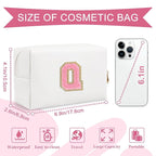 Personalized Makeup Bag Initial A-Z Preppy Patch Bag,Small PU Leather Travel Cosmetic Bag Pouch with Zipper,White Cute Toiletry Bag,Gift Ideal for Teen Girls Women Birthday Friend Mom,Letter Q