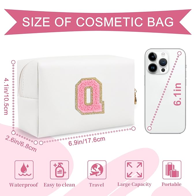 Personalized Makeup Bag Initial A-Z Preppy Patch Bag,Small PU Leather Travel Cosmetic Bag Pouch with Zipper,White Cute Toiletry Bag,Gift Ideal for Teen Girls Women Birthday Friend Mom,Letter Q