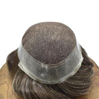 Toupee for Men French Lace Center Human Hair Replacement Systems Transparent Lace Center Hair Piece Mens Toupee Hair Units for Man V-Looped Front 8"X10" #430 4# MEDIUM BROWN WITH 30% SYNTHETIC GREY