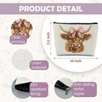Highland Cow Makeup Bag - Pink Bow Cow Gifts for Women, Western & Cowgirl Gifts