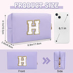 Personalized Chenille Letter Preppy Makeup Bag, Small Initial Purple Cosmetic Bag Travel Toiletry Zipper Pouch Monogram Makeup Storage, Waterproof PU Make Up Case Travel Essentials for Women(Letter H)