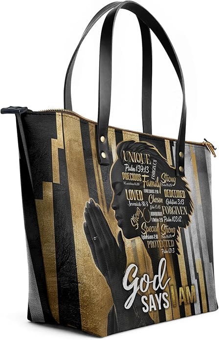 African Black Women's Leather Tote Bag, Large, Premium Vegan Leather, Full Zip, Perfect Christmas Gifts For Women