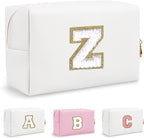 Small Initial Preppy Makeup Bag, Personalized Cute White Cosmetic Organizer Chenille Letter Travel Toiletry Zipper Pouch, Waterproof PU Leather Make Up Case Preppy Stuff for Women Teacher(Letter Z)