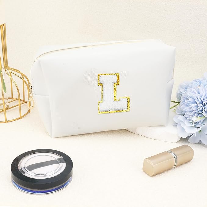 Gifts for Girls Initial Makeup Bag Personalized Cosmetic Bag with Zipper Cute Travel Toiletry Bags Waterproof PU Preppy Makeup Pouch Birthday Gift for Teen Girls Women(White L)