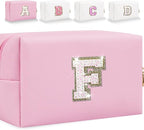 Small Personalized Glitter Initial Letter Makeup Bag, Cute PU Leather Chenille Letters Cosmetic Bag Travel Makeup Pouch, Preppy Travel Organizer Zipper Pouch for Women&Girls（Pink-F）
