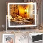 Hasipu Vanity Mirror with Lights, 25.6" x 21.3" LED Makeup Mirror, Light up Mirror with 10X Magnification and Phone Holder, USB Charging Port, Smart Touch 3 Colors Dimmable, 360° Rotation (White)
