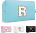 Small Travel Initial Preppy Makeup Bag, Personalized Blue Cute Cosmetic Organizer Chenille Letter Travel Toiltery Zipper Pouch, Monogram Make Up Storage Gifts for Friend Her Birthday Women(Letter R)