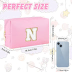 Initial Makeup Bag Personalized Preppy Travel Small Cosmetic Bag Cute PU Pink Chenille Letter Makeup Pouch for Purse Waterproof Zippered Toiletry Organizer for Women Girls Kids Friends (N)
