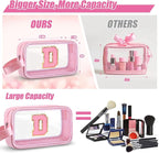 Initial Makeup Bag,Letter D Cute Clear Monogrammed Cosmetic Travel Bag for Womens Girls,Personalized Pink Aesthetic Traveling Make Up Organizer Bag for Beach,Waterproof Toiletry Bag