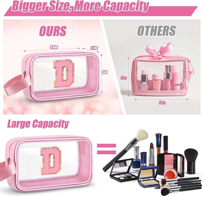 Initial Makeup Bag,Letter D Cute Clear Monogrammed Cosmetic Travel Bag for Womens Girls,Personalized Pink Aesthetic Traveling Make Up Organizer Bag for Beach,Waterproof Toiletry Bag