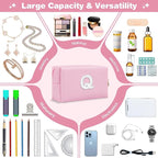 ChaoGreat Bride Gifts – Personalized Initial Makeup Bag with Pearl Rhinestone Patch, Preppy Pink Monogram Cosmetic/Toiletry Pouch, bridesmaid Gifts, Bridal Shower Gifts, Wedding Gifts, Bridal Gifts,Q
