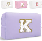 Small Personalized Letter Makeup Bag, Cute PU Leather Chenille Letters Cosmetic Bag Travel Makeup Pouch, Preppy Travel Organizer Zipper Pouch for Women&Girls（Purple-K）