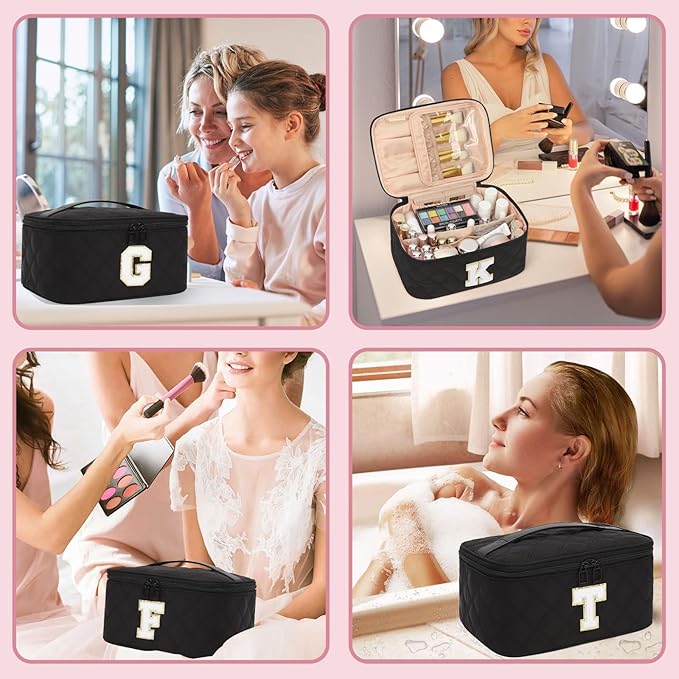 OCHEAL Makeup Bag for Women, Monogram Cosmetic Bag with Brush Holder,Black Travel Makeup Case Beauty Toiletry Bag Organizer Personalized Gifts for Girls Bridesmaid, Sister, Wife, Friends Initial A