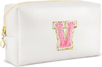 Initial Makeup Bag Personalized Preppy Travel Small Cosmetic Bag Cute PU White Chenille Letter Makeup Pouch for Purse Waterproof Zippered Toiletry Organizer for Women Girls Kids Friends (V)