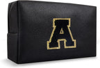Personalized Initial Preppy Patch Makeup Bag, Small Cute Cosmetic Pouch Make Up Case Travel Toiletry Zipper Pouch, Monogram Waterproof PU Leather Chenille Letter Storage Bag Gifts for Women(Letter A)