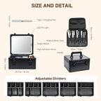 Travel Makeup Case with Lighted LED Mirror – Waterproof Cosmetic Organizer with Adjustable Dividers, Portable Makeup Train Case for Women, Black