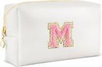 Initial Makeup Bag Personalized Preppy Travel Small Cosmetic Bag Cute PU White Chenille Letter Makeup Pouch for Purse Waterproof Zippered Toiletry Organizer for Women Girl Kid Friends (M)