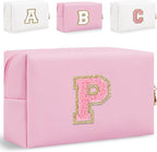 Small Personalized Glitter Initial Letter Makeup Bag, Cute PU Leather Chenille Letters Cosmetic Bag Travel Makeup Pouch, Preppy Travel Organizer Zipper Pouch for Women&Girls（PinkPink-P）