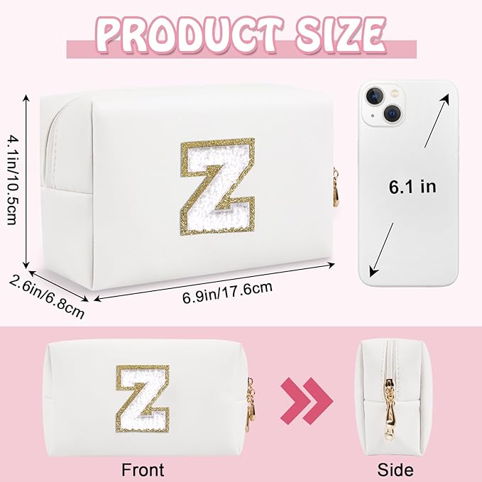 Small Initial Preppy Makeup Bag, Personalized Cute White Cosmetic Organizer Chenille Letter Travel Toiletry Zipper Pouch, Waterproof PU Leather Make Up Case Preppy Stuff for Women Teacher(Letter Z)