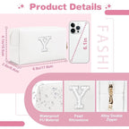 Bride Gifts – Personalized Initial Makeup Bag with Pearl Rhinestone Patch, Preppy White Monogram Cosmetic/Toiletry Pouch, bridesmaid Gifts, Bridal Shower Gifts, Wedding Gifts, Bridal Gifts,Y